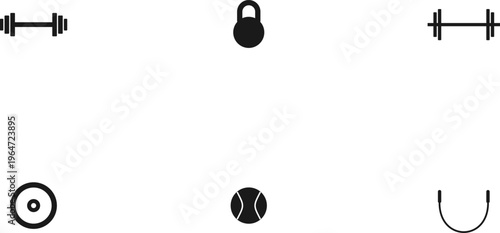 Hand-drawn Set of black fitness and gym equipment icons including dumbbell kettlebell and barbell authentic illustration