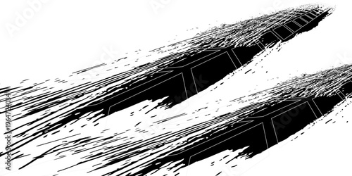 Tire tread marks, wheel textures, tire marks - car racing, motocross, drift, rally, off-road and others. Vector black isolated texture in grunge style with splashes.eps10