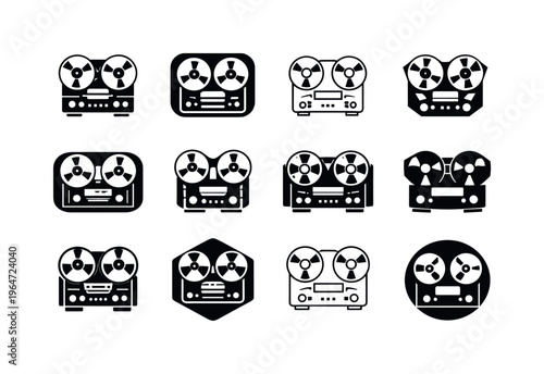 old-school studio. Icon set. Set Logo of old-school studio: reel-to-reel tape recorder. harmonious logo variations of the same emblematic concept, each with
