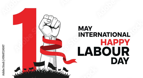 May day celebration featuring a raised fist and number one symbol
