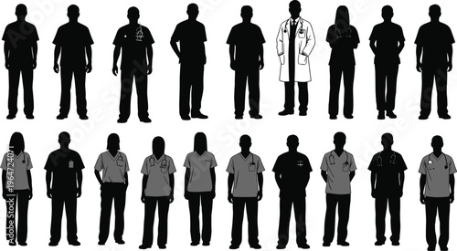 Healthcare workers silhouettes set, medical staff team collection, doctors nurses uniform icons, hospital professionals vector illustration isolated on background, diverse medical people lineup
