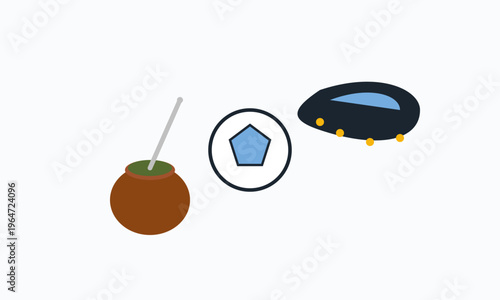 Hand-drawn Illustration featuring a traditional mate gourd with a straw, a pentagon icon, and a flying saucer. authentic illustration