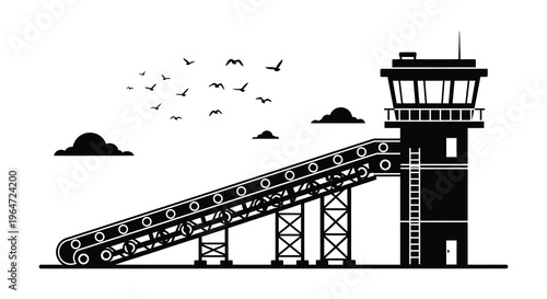 A striking black and white illustration depicts an airport control tower with flying birds and clouds a bold silhouette high quality
