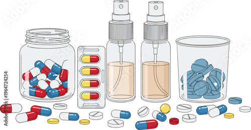Medical medication assortment illustration featuring capsules tablets blister pack spray bottles and container healthcare pharmacy concept vector design clean style