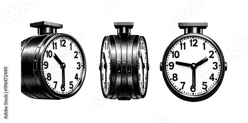 Train platform clock double-sided form. A realistic train platform clock depicted as a single object in three different views, highlighting the double-faced