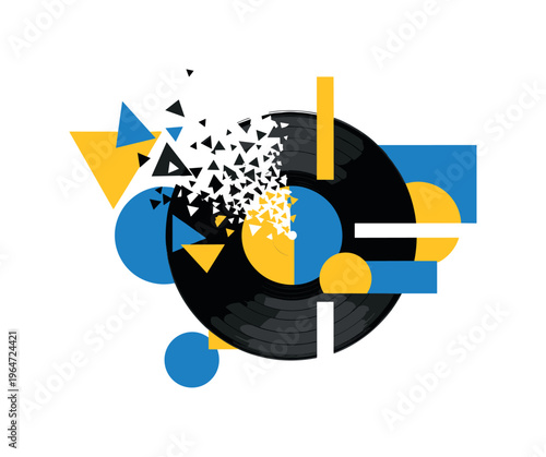 vinyl record partially fragmented into geometric forms, black and white disc breaking into triangles and circular segments, bold color blocks in blue and