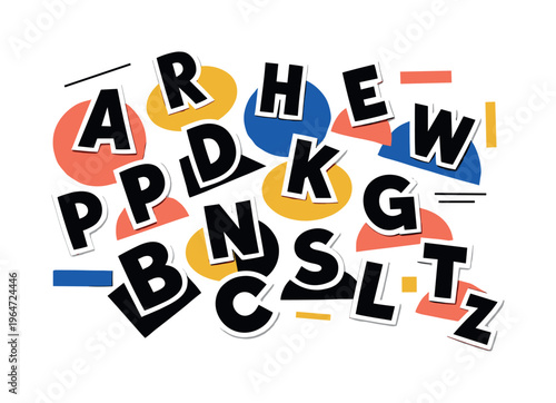 Black and white cut-out uppercase letters arranged playfully in scattered composition, each letter outlined with bold white sticker contour, colorful flat