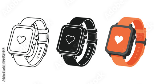 Three smartwatch illustrations with heart rate symbols in white, black, and orange on a plain white background.
