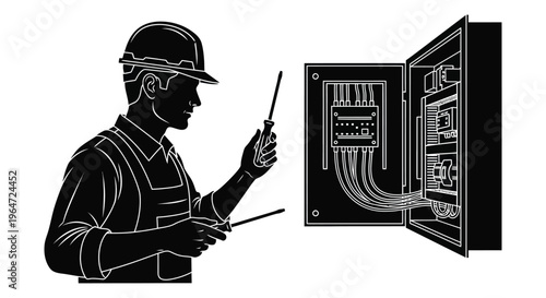 A black silhouette depicts an electrician inspecting an open electrical panel with a radio showcasing safety protocols high quality professional detailed