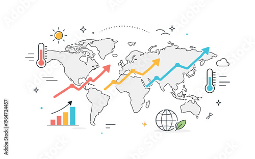 Global warming trends. A simplified world map with rising line graphs and temperature symbols gently integrated. The illustration communicates global scale and