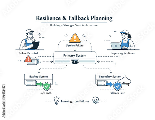Resilience and fallback planning. A redesigned system diagram with backup paths and safety icons highlighted. Learning from dependency failure and building