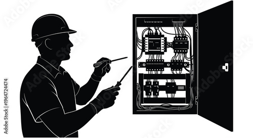 A worker in a hard hat inspects an open electrical panel with a testing tool depicted as a silhouette high quality