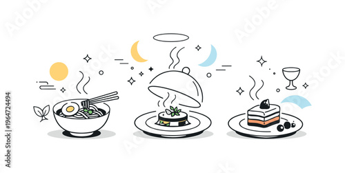 Divine flavors. A refined editorial scene of elegant dishes and gentle steam rising, sense of sacred taste and elevated experience, abstract light shapes