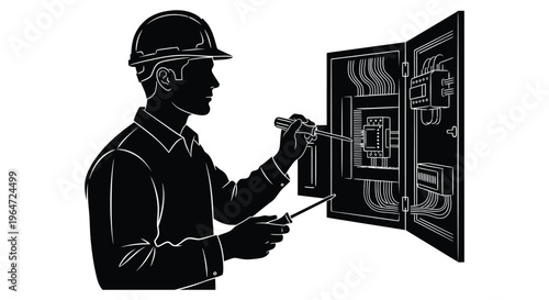An electrician in a hard hat examines an open electrical panel with a screwdriver a striking silhouette high quality professional detailed