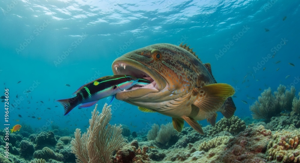 Obraz premium A large fish swims in the ocean with a smaller fish in its mouth near a coral reef.