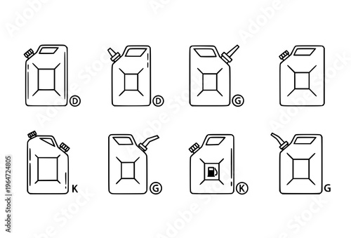 Minimal canister icon set for diesel, gasoline, and kerosene in editable stroke linear black outline vector
