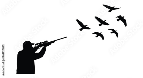 A hunter aims a rifle toward a flock of birds in flight depicted as a stark silhouette high quality professional detailed