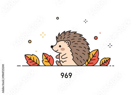 Little autumn hedgehog cute tiny hedgehog sitting among orange, yellow, and red leaves with subtle sparkles enhancing the whimsical cozy scene. Minimalist flat