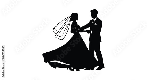 A newlywed couple shares a tender first dance gracefully embracing in a romantic black silhouette high quality professional detailed modern elegant