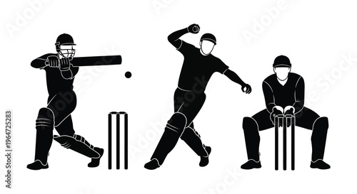 A black silhouette depicts a cricket game with a batsman bowler and wicket keeper silhouette high quality professional detailed modern elegant stylish