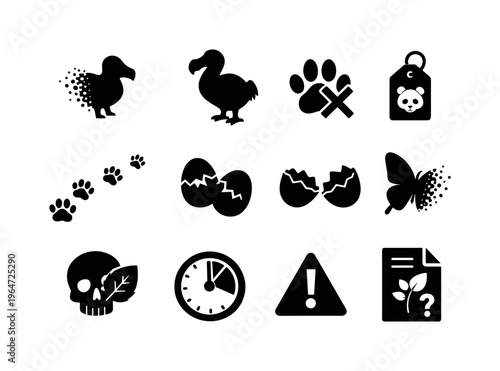 Species Extinction. Solid icon set of Species Extinction: animal silhouette fade, extinct dodo icon, crossed paw print, endangered animal tag, empty footprint