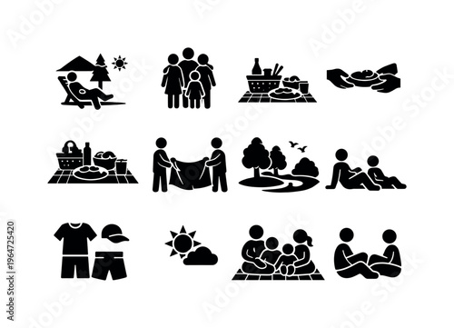 Weekend Family Picnic. Solid icon set of Weekend Family Picnic: weekend leisure, relaxed family, picnic setup, food sharing, blanket folding, park landscape,
