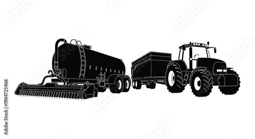 A black silhouette depicts a large tractor pulling agricultural equipment across a white background silhouette high quality professional detailed modern elegant