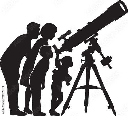 Family silhouette exploring the cosmos through a telescope, inspiring scientific discovery and togetherness