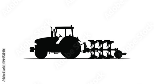 A stark black silhouette of a modern agricultural tractor pulling a plow through farmland a rural scene silhouette high quality professional