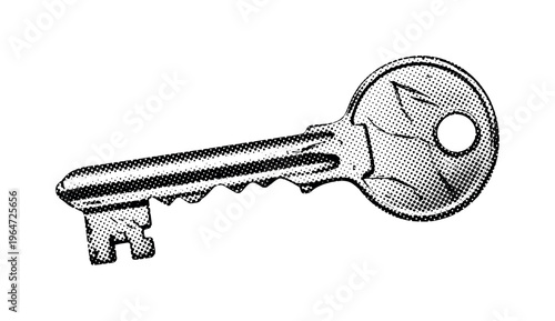 An old skeleton key with scratched surface and grunge patina, isolated in minimal composition, black and white halftone illustration, irregular halftone dot