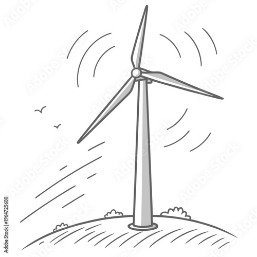 Wind turbine on a hill with wind blowing windmill renewable energy sustainability eco friendly