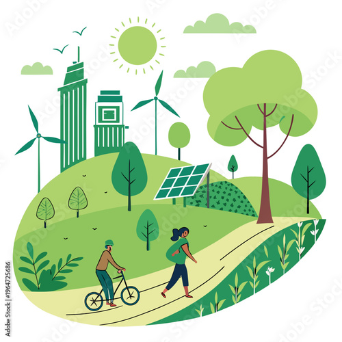 Ecofriendly community with renewable energy sources and green landscape solar panel