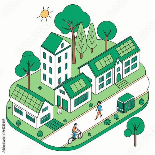 Sustainable neighborhood with green buildings and solar panels ecofriendly