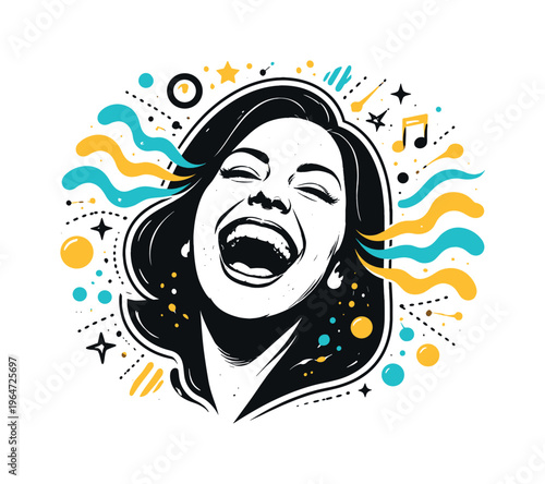 Stylized black and white laughing face cropped tightly, contagious joy, white outline cut-out style, emotion visualized through rhythmic waves, circles, and