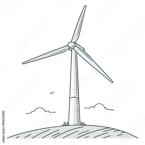 Wind turbine on a hill with clouds and birds windmill renewable energy sustainability