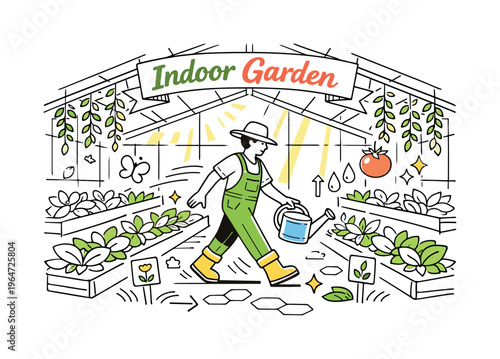 Greenhouse Interior. A bright glass greenhouse filled with neat rows of leafy plants and hanging vines,