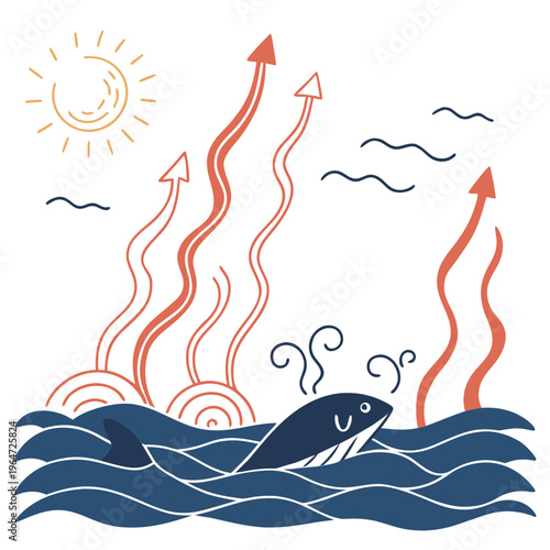 Whale swimming in ocean with climate change concept and sun global warming rising temperatures