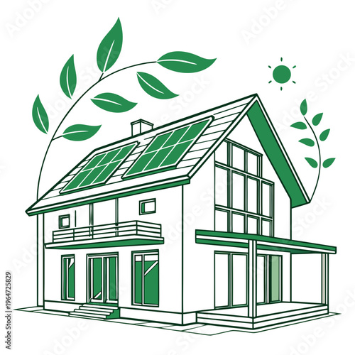 Green house with solar panels and leafy leaves eco-friendly