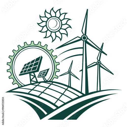 Renewable energy with solar panel and wind turbines gear