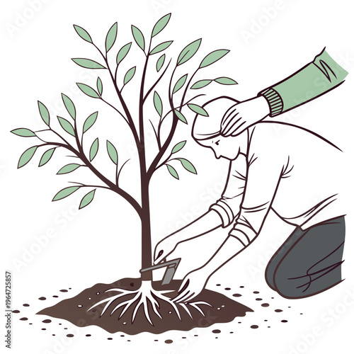 Person planting a tree with soil and roots