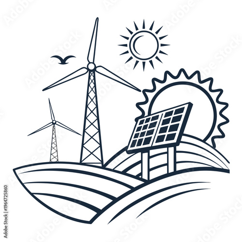 Wind turbines and solar panel on hill gear