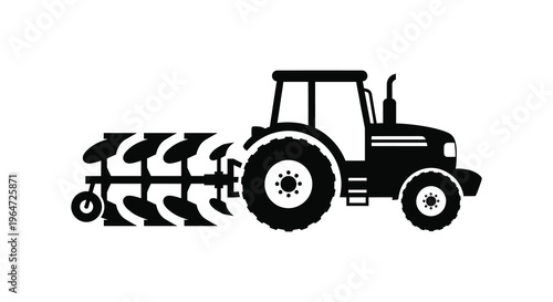 A black silhouette of a classic tractor pulling a plow showcasing agricultural machinery in a stark outline silhouette high quality professional