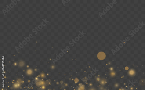 Golden glitter sparkles float softly across a dark transparent background. Tiny particles shimmer like stars in motion. Perfect overlay for Christmas and holiday designs.