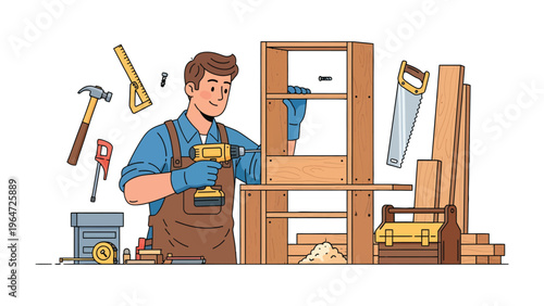 Crafting with Precision: A skilled artisan meticulously assembles a wooden structure, showcasing the art of carpentry with essential tools of the trade.