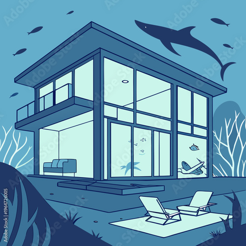 Underwater house with large windows and beach chairs ocean sea creatures