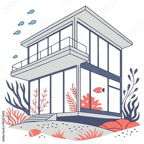 Modern underwater house with coral and fish modern architecture ocean floor