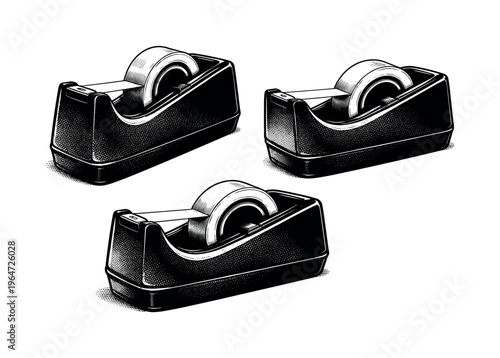 Tape Dispenser ? realistic office tape dispenser with weighted base and cutting edge. Black and white dot style with halftone texture and high contrast.