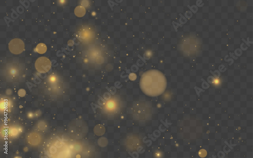 Sparkling gold particles float softly across a dark scene. Tiny stardust sparkles shimmer like delicate lights. Perfect overlay for Christmas, New Year, and holiday proje