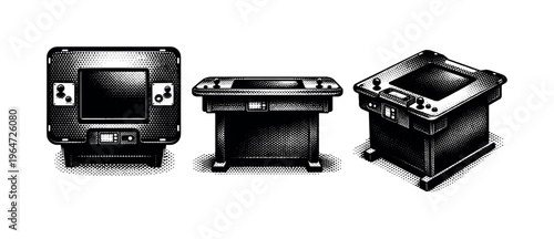 Cocktail arcade table, a realistic cocktail arcade machine depicted top view, side view, and angled corner view as three object representations highlighting