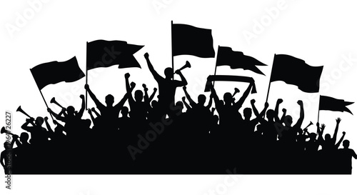 A crowd of people waving flags and cheering arms raised in celebration and protest a striking silhouette high quality professional